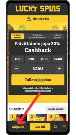 Lucky Spins 20% cashback ja kirjaudu-painike